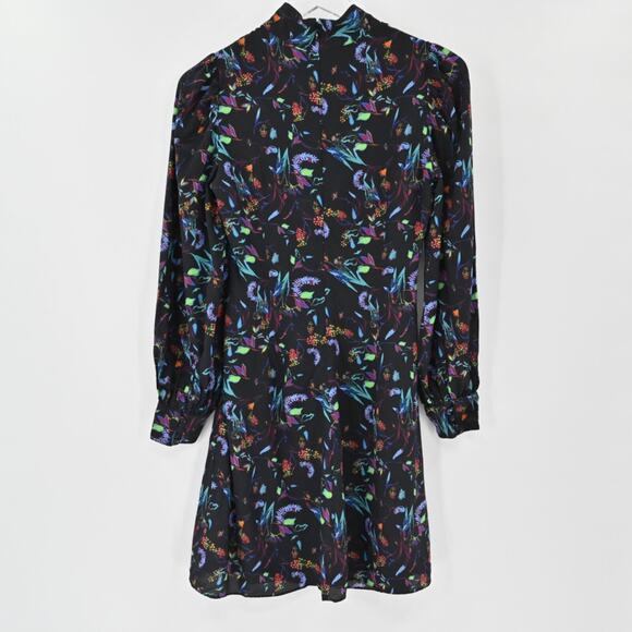 TANYA TAYLOR Dress Size 0 Clarisse Mini Black Floral Silk High Neck‎ Long Sleeve - Picture 6 of 15